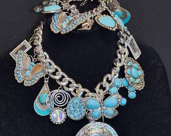 Turquoise Charm Necklace and Bracelet Set: Western Silver Plated Jewelry
