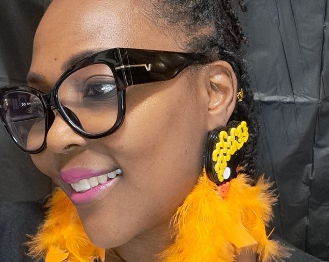 Feather Earrings, Tassel Earrings, Fluffy Feather Statement Earrings Statement Earrings,  Orange Wonky Feather Edgy Dangling Earrings