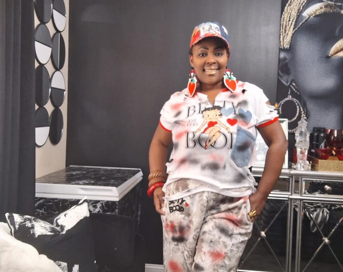 Upcycled "Betty Boop" Distressed Camo Set: Upcycled tshirt and denim jogger set