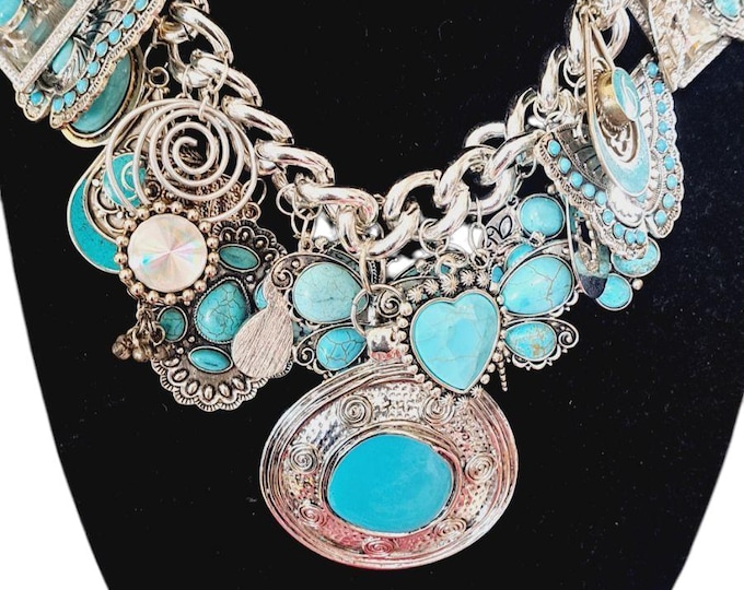 Silver Plated Charm Necklace, Western Charm Statement Necklace.