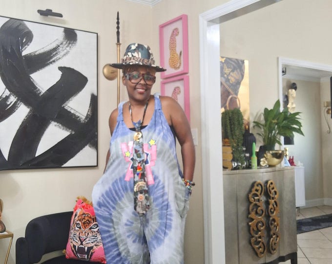 Revamped Blue tye dye jogger leg jumpsuit, casual romper, boho style jumpsuit.