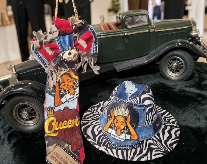 Zebra Print Denim Fedora Hat & Junktie Set: Queen Graphic Upcycled Accessories