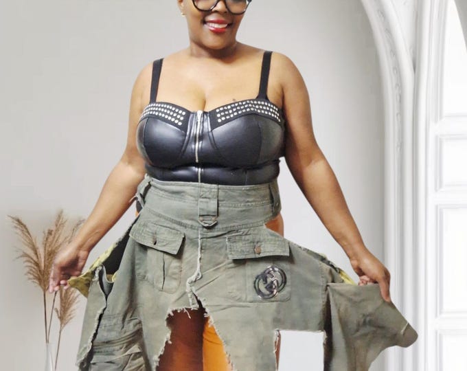 Upcycled Camo Distressed Denim Skirt Belt