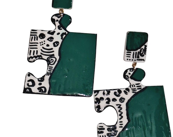 Handmade African Inspired Green Geometric Sculptured  Earrings, Animal print Light Weight oversized hand painted Earrings, Edgy Earrings