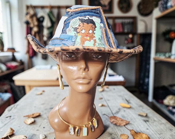 Leopard Betty Boop Denim Patchwork Fedora Hat: Upcycled Cowboy Style