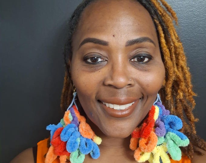 Rainbow Fur and denim Yarn Tassel Earrings - Yarn Tassel Earrings