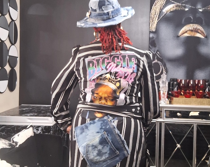 Upcycled Tunic wrap split dress: Black and white stripe patchwork denim tunic