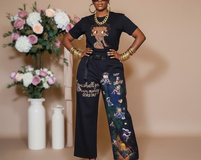 Black upcycled wide legged " Betty Boop" pants: Custom-made concert pants.