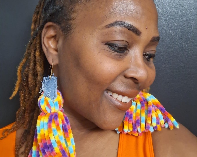 Rainbow Fur and denim Yarn Tassel Earrings - Yarn Tassel Earrings