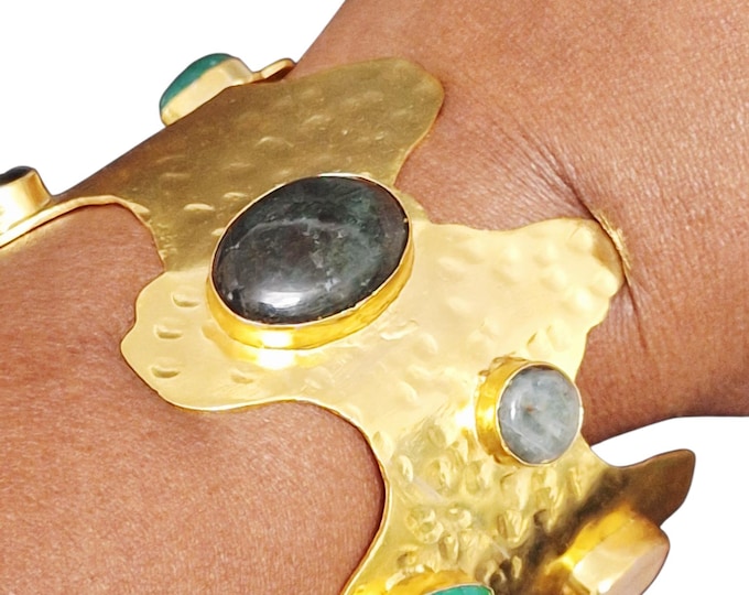 Chunky Gemstone Statement Bangle, 24k Gold Plated, Stackable Bracelet, Turkish Bangle