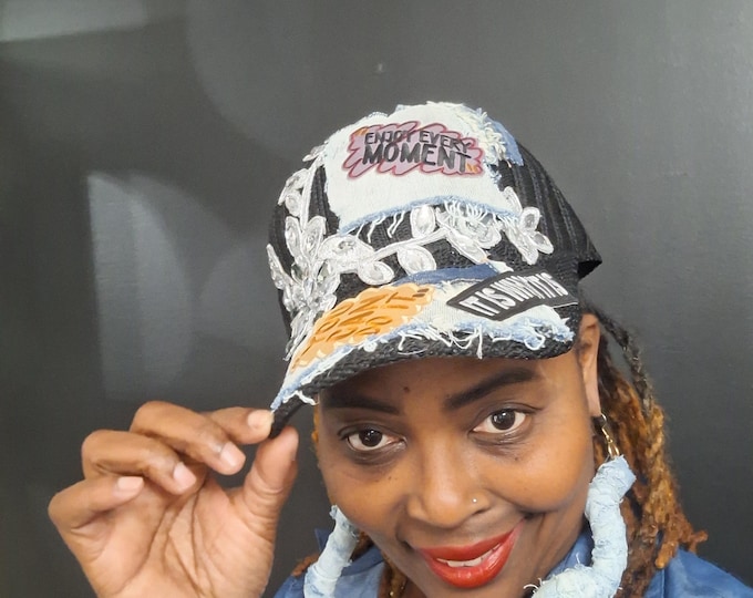Upcycled Distressed Denim Trucker Hat - Black Patchwork