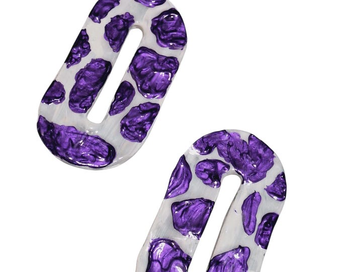 Handmade Purple Cow Print Geometric Sculptured Polymer Clay Earrings, bold Very Light Weight oversized Clay Earrings, Edgy Earrings