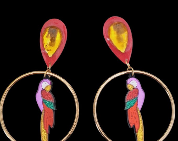 Parrot gold plated hoop earrings. Hoop earrings,  Statement Earrings.