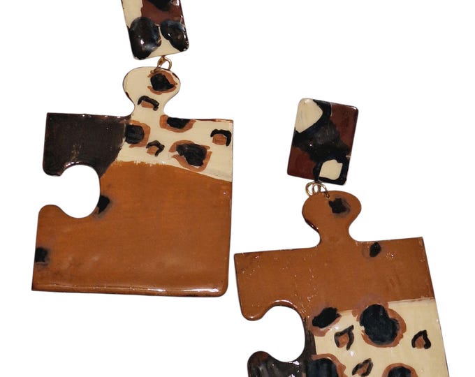 Handmade Brown Animal Print Geometric Sculptured  Earrings, Animal print Light Weight oversized hand painted Earrings, Edgy Earrings