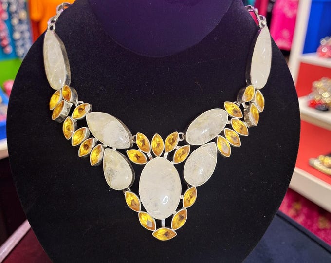 Gemstone Citrine and Clear Quatz Cluster Silver Toggle Clasp Necklace