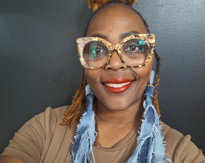 Denim & Mirrored Glass Statement Earrings: Lightweight Edgy Jewelry