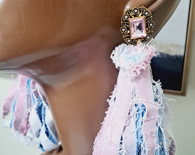 Denim Tassel Earrings, Pink and Blue Denim Fringe Earrings, tye dye denim Earrings, Statement earrings
