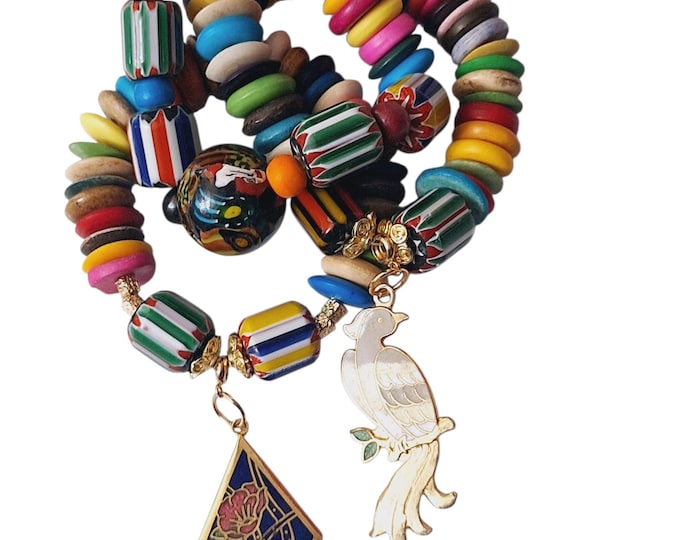 African Glass Bohemian Statement Beaded Bracelets Set of 3, Beaded Bracelets. Charm Bracelets.