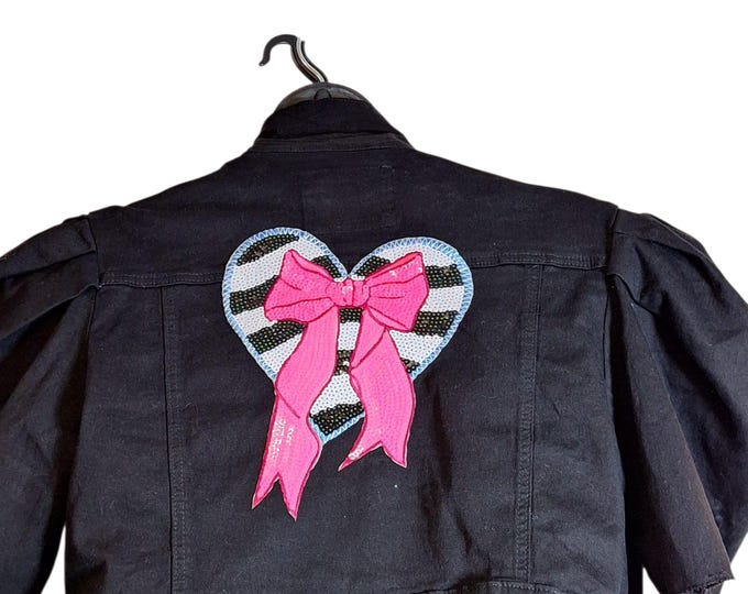 Black Denim Upcycled Crop Jacket - Upcycled crop puff sleeve jacket