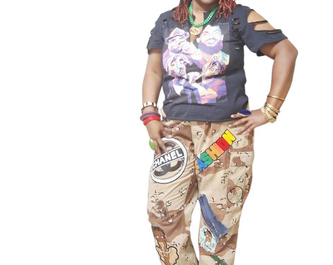 XL Upcycled Military Camo Patchwork Pants: Statement Style