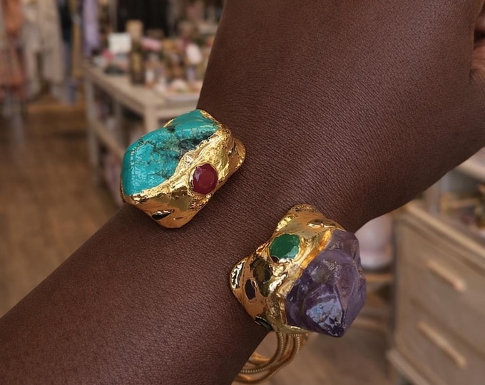 Chunky Gemstone Statement Bangle, Gold Wire Wrapped, Amethyst Druzy & Green Turquoise cuff bangle