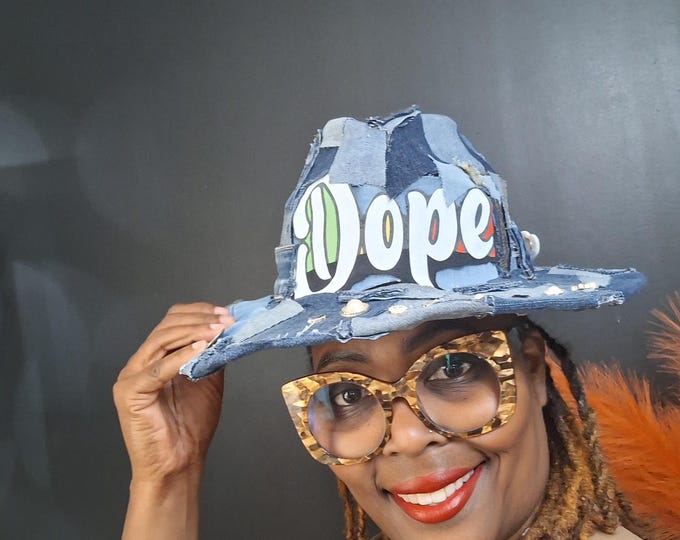 Upcycled Distressed Denim Cowboy Hat & Tie Set