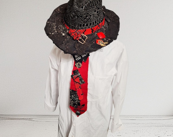 Distressed Black Denim Cowboy Hat & Tie: Upcycled 1/1 Set