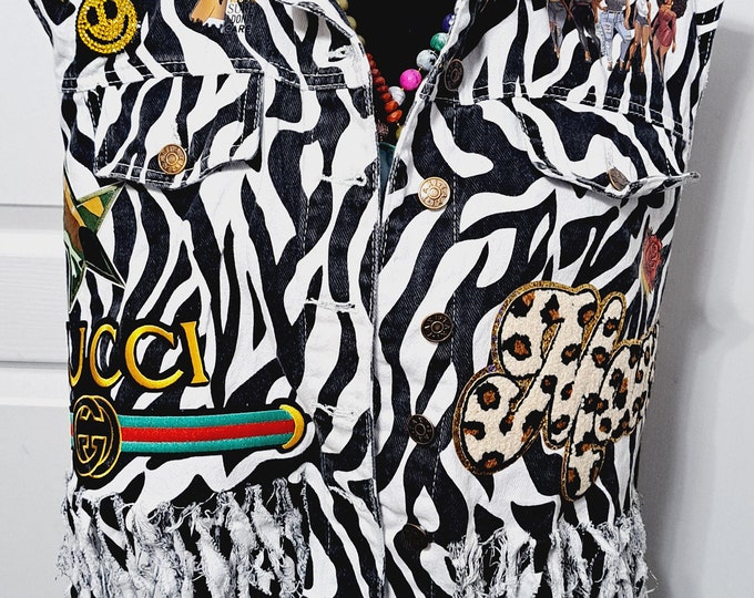 Animal Print Zebra Distressed Fringe Denim patchwork vest jacket, denim vest, denim jacket, denim, distressed denim. Denim Tassels
