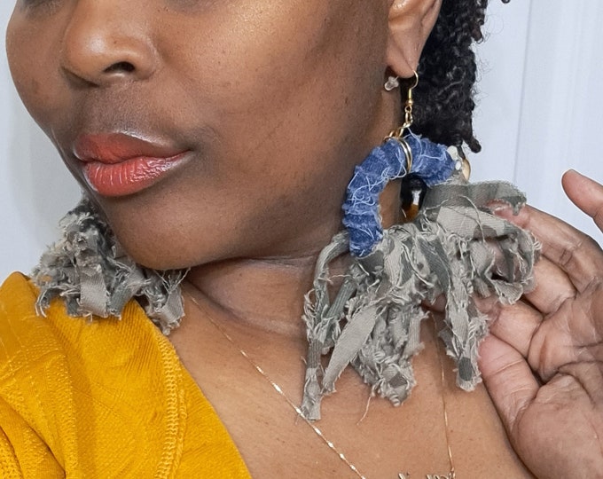 Camoflauge Denim Tassel Earrings, Camo Denim Earrings, recyled denim Earrings, Statement earrings