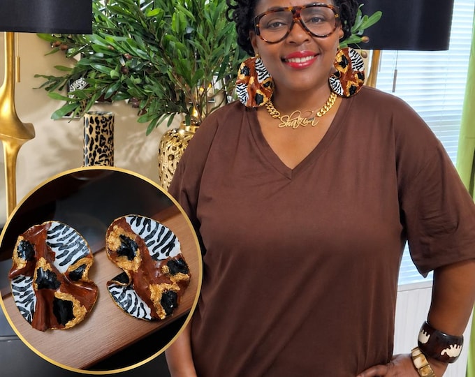 Handmade Leopard and Zebra Mixed Handpainted Statement Earrings: Geometric Polymer Clay Earrings.