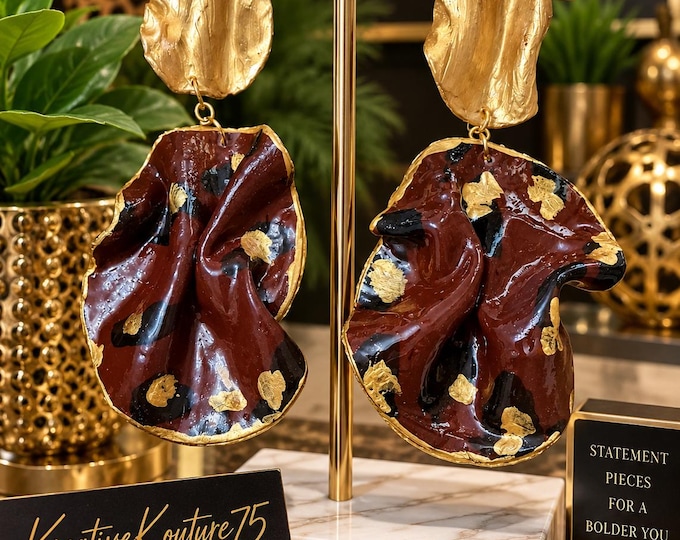 Handmade Leopard and Gold Handpainted Dangle Statement Earrings: Geometric Polymer Clay Earrings.