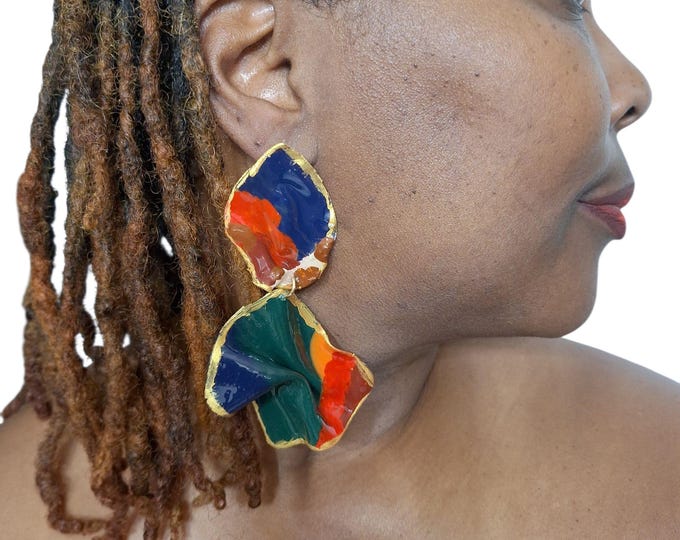 Handmade Fall Clay Print Geometric Sculptured Polymer Clay Earrings, bold Very Light Weight Clay Earrings, Edgy Earrings