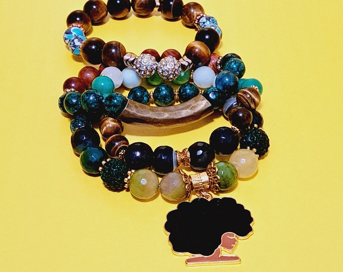 Gemstone Beaded Bracelets, Mixed Agate Gemstone,  Brown Tiger eyes, Dalmatian & Wooded Beaded Bracelet set, Beaded Bracelets Set of 4