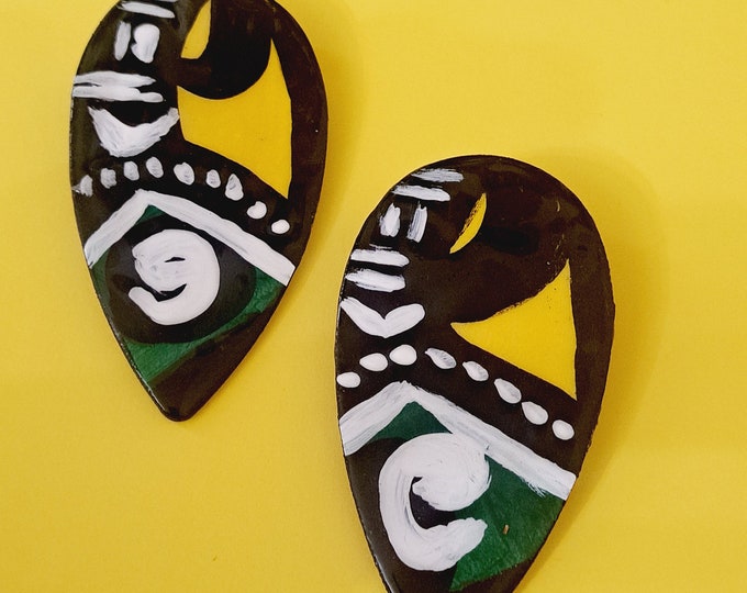 Mudcloth & Tribal Print Earrings, wood Earrings, African Earrings, African jewelry, Very Light Weight Statement Jewelry.