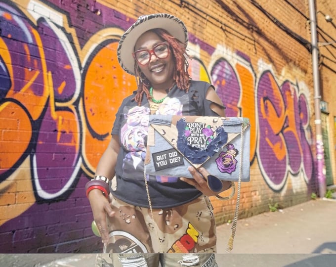 Denim and Camo Patchwork Clutch handbag: camo crossbody bag