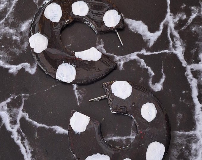 Hand painted black and white hoop polka dot and animal print Earrings, bold Very Light Weight hoop Earrings, Edgy Earrings