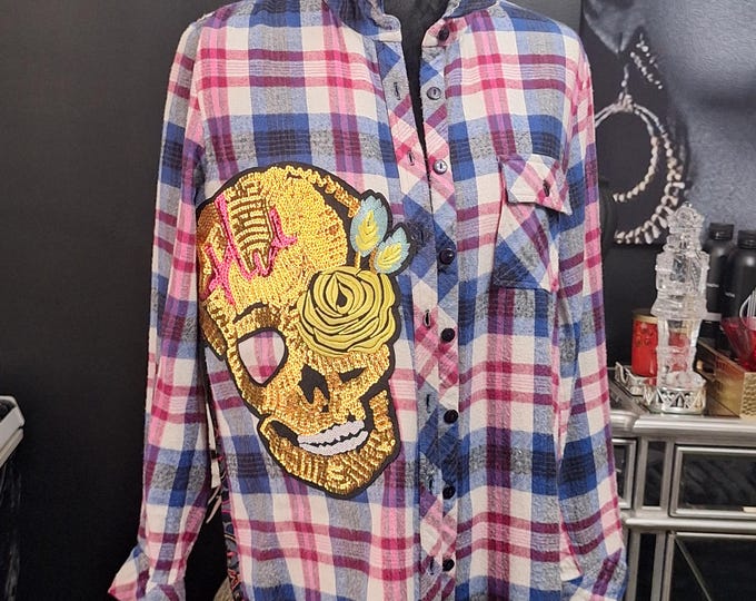 Upcycled Plaid Bands Shirt: Patchwork plaid "Sequin Skull" Flannel shirt