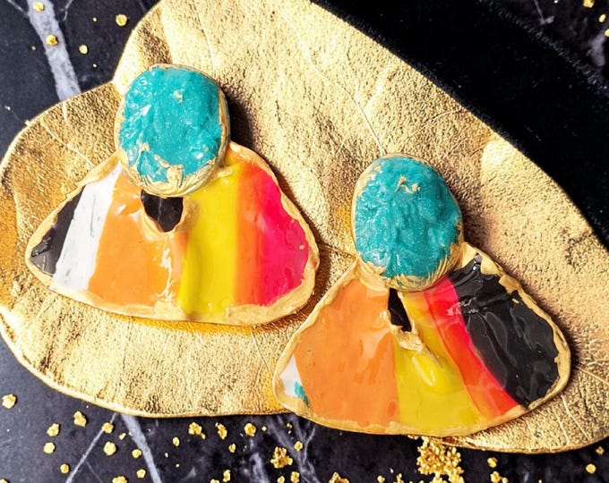 Handmade Turquoise Medallion Vintage Inspired Statement Earrings:  Polymer Clay Earrings.