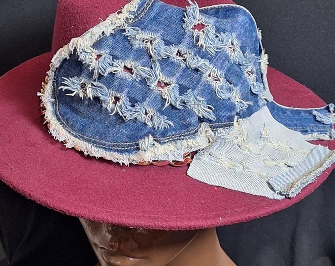 Custom distressed denim and burgundy fedora cowboy hat,  Denim hat, cowboy hat