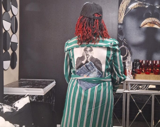 Upcycled Tunic wrap split dress: Green and white stripe patchwork denim tunic