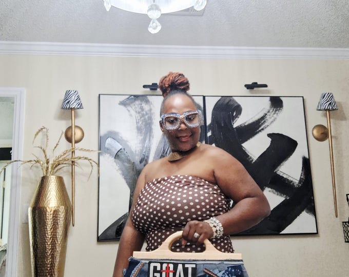Denim and Wood Patchwork Clutch Bag Set: Upcycled distressed denim handbag, glasses, Bangle set w/matching earrings.