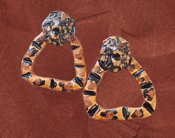 Leopard Print Bamboo Polymer Clay Statement Earrings - 2-3 inch Lioness Bamboo earrings