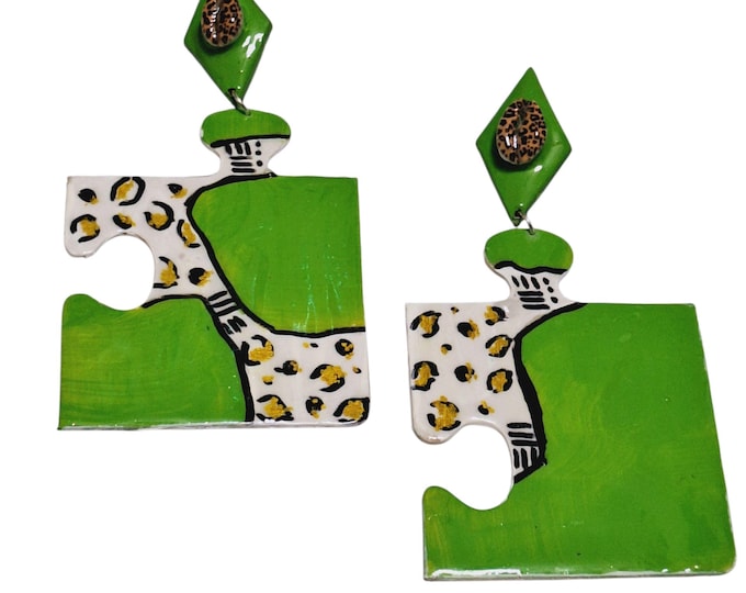 Handmade African Inspired Lime Green & Cowrie Geometric Sculptured Earrings, Animal print Light Weight oversized hand painted Earrings
