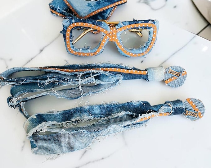 Upcycled Denim Rimless Glasses, Tassel Earrings and Bangle Set: Distressed Wood Accents