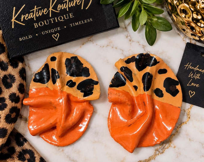 Handmade Leopard Orange Handpainted Statement Earrings: Geometric Polymer Clay Earrings.