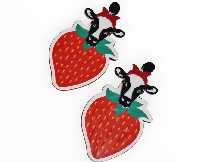 Handmade Cow and Strawberry Print Geometric Sculptured  Earrings, bold Very Light Weight oversized hand painted Earrings, Edgy Earrings