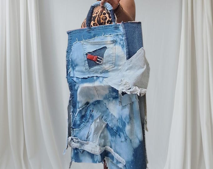 Upcycled Denim Patchwork Handbag: Bleached Jeans & Fringe Earrings