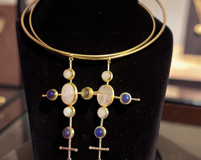 Gemstone Turkish Cross Necklace Pendant on a Stainless Steel Adjustable Torque