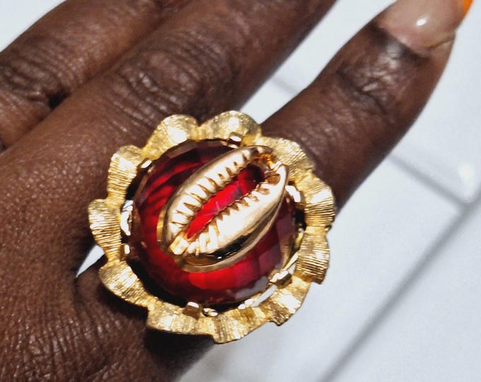 Cowrie Red Glass Gemstone Adjustable stainless steel statement ring, gold Statement ring, Adjustable rings