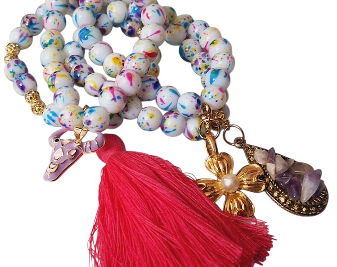 Gemstone Bohemian Statement Beaded Bracelets Set of 4, Beaded Bracelets. Charm Bracelets, Tassel jewelry.